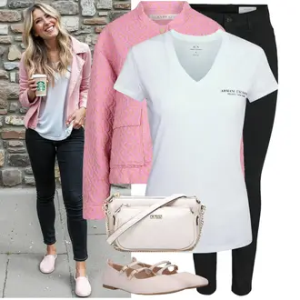 40e verjaardag Gast Outfit met purper/roze Jacquard Jas/Vintage vest/Katoenen vest/Gevoerd vest/Wollen vest/Boucle vest/Opstaande kraag cardigan/Kasjmier cardigan/Winter vest/Gewatteerde Jas esqualo "Modieuze lente-outfit"Look: Wasen, Hutten, Moederdag, Valentijnsdag, 50e verjaardag, 40e verjaardag, 70e verjaardag, 18e verjaardag