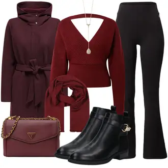 Urlaub Outfits Old Money mit Dunkelrot/Lila/Rot/Bordeaux Übergangsmantel/Fleecemantel/Kapuzenmantel/Strickfleece Mantel/Lodenmantel/Scuba-Mantel/Softshell Mantel/Wollfleece Mantel/Wollmantel Only, Schwarz Lederjacke/Biker Boot/Chelsea Boot/Flache Stiefelette/Leder Stiefelette/Gefütterte Stiefelette/Reitstiefel About You "Outfit für den Herbst"Look: Coole, Old Money, Outdoor, Overdressed, Uni, Schick, Schön, Büro