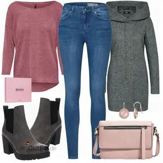 Outfit mit Dunkelrot/Rosa/Lila/Bordeaux 3/4 Bluse/Klassische Tunika/Elegante Tunika/ausgefallene tunika/Festliche Tunika/Lederjacke/Tuniken-Shirt/Bluse Große Größe/Tunika Only "VERO MODA Jeans LUX blue denim"