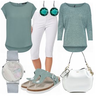 Outfit mit Türkis/Grün/Hellblau 3/4 Bluse/Klassische Tunika/Elegante Tunika/ausgefallene tunika/Festliche Tunika/Lederjacke/Tuniken-Shirt/Shirt & Top Große Größe/Tunika Only "Esprit Sandalen"