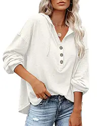 PLOKNRD Kapuzenpullover Damen Button Down Leichter Pullover für den Herbst 40-42 （Cremeweiß,M