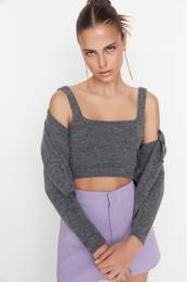 Anthracite Crop Soft Textured Blouse-Cardigan Knitwear Set