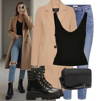 Outfit met zwart Enkellaarsje met Veters/Legerkist/Biker Laars/Veterlaarsje met Plateau Kazar "Modieuze lente-outfit"