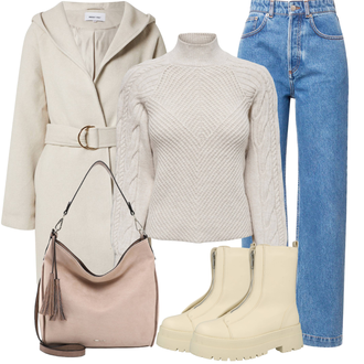 Mit Kette Outfit mit Beige/Khaki Flache Stiefelette/Plateau-Sneaker/Sneaker Mit Seitlichem Reißverschluss/Stiefel Mit Reißverschluss About You "Perfekt für den Herbst"