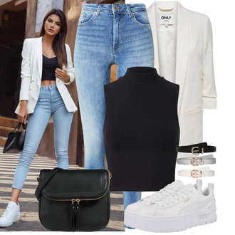 Jeans Outfits mit Weiß/Creme/Schwarz Mantel/Strick Große/Tunika/Anzug Boyfriend Blazer/Eleganter Blazer/LongBlazer/Oversize Blazer Only "Modisches Freizeit Outfit"