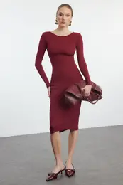 Burgundy Backless Fitted Flexible Midi Knitted Dress