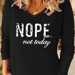 Women's V-neck Long Sleeve T-shirt With nope. Lettering, Casual Polyester Knit Fabric, , Fit