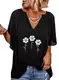 Asvivid Blusen Damen lässige Blumenbluse Kurzarm Tunika Top V-Ausschnitt T-Shirt Casual Blusenshirt mit gerafftem Kragen und Rüschenärmeln S Schwarz