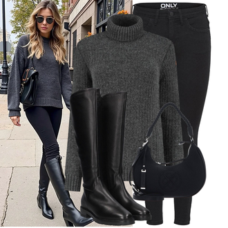 Jeans Outfits Elegant met zwart/bruin Leren Jas/Leren Overknee Laars notre-v, zwart/roze Draagtas/Schooltas/Schoudertas Picard "Modieuze lente-outfit"Look: Casual, Elegant, Strakke pasvorm, Stijl, Elegante, Jaren 20, Western, Nat Effect, Egirl, Extra groot, Premium, Klassiek, Rap, Buitenshuis, Kantoor, Ram, Gotisch, Metal, Chique, Lak, Jaren 40