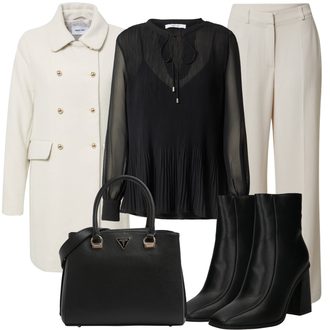 Outfit mit Schwarz/Dunkelgrün Bluse und Tunika/Bluse mit Stehkragen/Lederjacke/Crash­bluse/Elegante Bluse/Außergewöhnliche Bluse/Plissee Bluse/Transparente Bluse About You "Modischer Look für den Herbst"