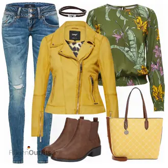 Outfit mit Gelb Mantel/Bikerjacke/Lederjacke/Motorradjacke/KunstLederjacke/Vintage Lederjacke/Jacke mit Seitlichem Reißverschluss Maze "Farbliches Frühlingsoutfit"