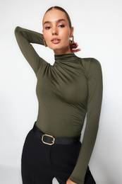 Khaki Gathered Detailed High Neck Snap Snap Elastic Knitted Body