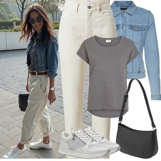 Kombinacije za bucmaste Ured sa Crna/Siva/Tamnosiva/Bijela Torbica/Torba Za Preko Ramena/Torba preko ramena/baguette vrećica/Mala Torbica/Torba za rame/Torba za pisma About You "Proljetni Outfit"Look: klasický, Elegantan, Ured, cool, Običan, Punk