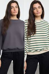Anthracite-Green Striped 2-Pack Regular/Normal Pattern Knitted Sweatshirt