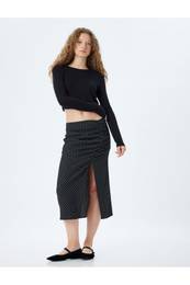 Midi Slit Polka Dot Draped High Waist Slim Fit Skirt