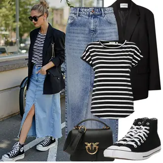 Rock Outfits mit Schwarz/Braun Mantel/Boyfriend Blazer/Lederjacke/Oversize Blazer/Lederjacke für Männer/Lederjacke tatiana zidekova, Schwarz/Weiß/Rosa Tragetasche/Schultertasche/Brieftasche/Kleine Tasche/Schulranzen/Schultertasche Pinko, Schwarz/Braun/Weiß Bluse Große Größe/Shirt & Top Große Größe/Tunika/Ringelshirt B.young, Schwarz Canvas-Sneaker/Schmaler Sneaker/Sneaker Mit Seitlichem Reißverschluss/Winter Sneaker Converse "Frühling outfit"