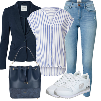 Outfit mit DunkelBlau/HellBlau/Blau Lederjacke/Blazerjacke/Blusenblazer/Boyfriend Blazer/Lässiger Blazer/Baumwoll ­Blazer/Eleganter Blazer/Strick­blazer/Kurzblazer/Sweatblazer/Lederjacke für Männer/Lederjacke VERO MODA "Outfit für den Sommer"