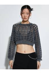 Openwork Crop Sweater Crew Neck Long Sleeve