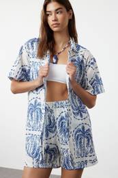 Tropical Patterned Woven Shirt Shorts Beach Set