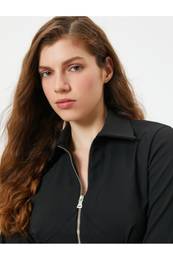 Crop Blouse Zipper Slim Fit Stitch Detail Long Sleeve
