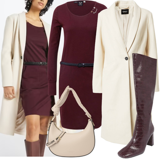 Outfit mit Dunkelrot/Bordeaux/Braun/Lila/Rosa Klassischer Stiefel/High Heels Stiefel/Kniehoher Stiefel/Langer Stiefel/Spitzer Stiefel/Vintage Stiefel/Weitschaftstiefel/Stiefel Mit Reißverschluss warehouse "Modisches Winter Outfit"