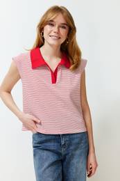 Red Striped Polo Collar Regular/Normal Fit Knitted T-Shirt