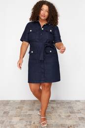 Curve Dark Blue Belt Detailed Mini Denim Shirt Dress