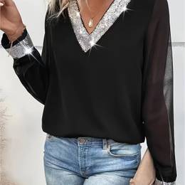 Chic And Elegant Solid Color Sequin V-neck Women's Chiffon Top