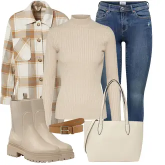 S Resicama Outfit sa Bež/Smeđa/Kaki Kožna Jakna/Podstavljena Gležnjača/Gumena Gležnjača/Ravna Gležnjača/Chelsea Gležnjača About You "Jesenski outfiti"