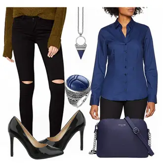 Outfit mit Dunkelblau Bluse Mit Ellen­bogen-patch/LangarmBluse/Bluse Mit Knopf/Bluse mit Stehkragen/Bügelfreie Bluse/Slim Fit Bluse/Business Bluse Seidensticker "Only"