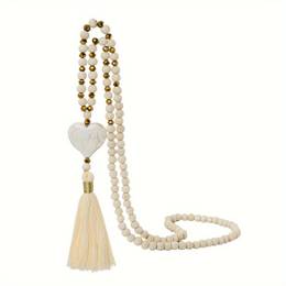 Elegant Bohemian Style Long Y-shape Women's Necklace With Turquoise Heart & Wooden Beads - Fashion Accessory For Casual Attire & Gifting, Gift