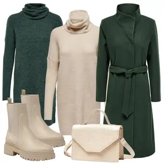 Skating Outfit sa Bež/Bijela/Kaki/Smeđa Pletena Haljina/Haljina S Visokim Ovratnikom/Zimska Pletena Haljina/Džemper Haljina Only "Elegantan zimski outfit"Look: Hodanje, Skating, Umjetničko klizanje, Razonoda