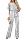 HAPPY SAILED Damen Langarm O-Ausschnitt Elegant Streifen Lang Jumpsuit Overall Hosenanzug Playsuit Romper Blau, M