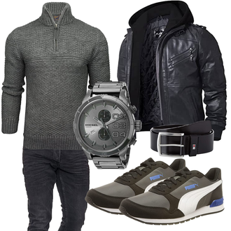Wolle-seide Outfit mit Schwarz/Dunkelgrau/Grau Bikerjacke/Kapuzenjacke/Motorradjacke/Winterjacke/Fliegerjacke/KunstLederjacke/Leder Bomberjacke/Jacke mit Seitlichem Reißverschluss FLAVOR "Street Style Outfit"