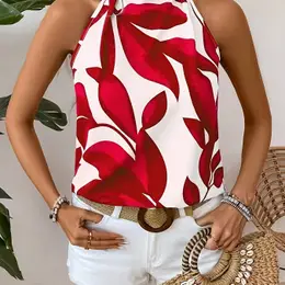 Elegant Sleeveless Round Neck Printed Blouse For Women, Polyester, Machine Washable - All , Yudomi, W80237