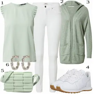 Outfit s Světle Zelená/Zelená/Tyrkysový/Světle modrá Halenka a Tunika/Halenka Móda Pro Plnoštíhlou/Tričko & Top Móda Pro Plnoštíhlé VERO MODA "Módní jarní outfit"