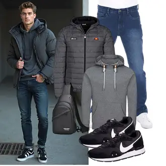 Streetwear Outfit mit Dunkelgrau/Grau/Hellgrau Vintage Hoodie/Unisex Hoodie/Hoodie/Strick Hoodie/Ausgefallener Hoodie Riverso "Freizeit Outfit"Look: Casual, Moderne, Sportlich, Streetwear, Rad, Stil, Skater, Outdoor, Workwear, Unisex