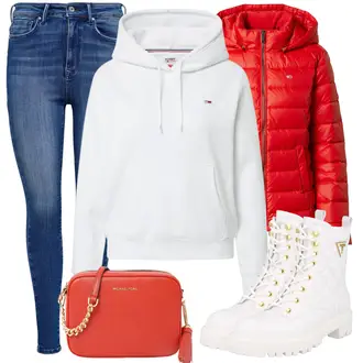 Freizeit Outfits Weihnachten mit Rot Daunenjacke/Kapuzenjacke/Puffer Jacke/Steppjacke/Sommerdaunenjacke/Winterjacke Tommy Jeans "Cooles Alltagsoutfit"Look: Wasen, Bar, Weihnachten, Jubiläum, Silvester, Schule, Valentinstag