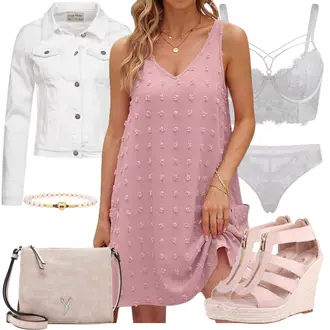 Edel Outfit mit Rosa/Lila Spaghettiträger Kleid/Schickes Kleid/Nicki Kleid/Kleid Mit Rüschen/Strandkleid/Sommerkleid "Outfit für den Sommer"Look: Stil, Goa, Elegant, GoGo, Sexy, Casual, Zuhause, Outdoor, Babydoll, Romantisch, Overdressed, Edel