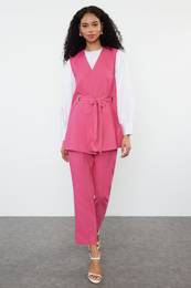 Fuchsia Accessory Detailed Woven Fabric Vest Trousers Top and Bottom Set