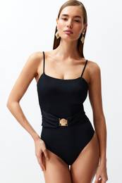 Black Belted Strapless Premium Seashell Accessory Regular Swimsuit