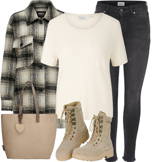 Outfit met bruin/Crème/geel/beige Bouclé Mantel/Tweed Mantel/Wollen Jas/Tweed Jas/Houthakkers Jas/Bouclé Jas Only "Herfstkleding"