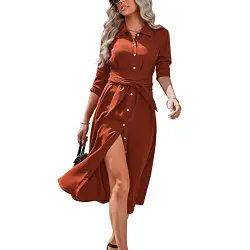Ausla Damen Hemdkleid Elegant Einreiher Blusenkleid Langarm Lange Freizeitkleid Tunika Longshirt Umlegekragen(M-Ziegelrot)
