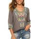 Seasonal Damen T-Shirt Sommer Böhmen Stickerei Besticktes Hemd V-Ausschnitt 3/4 Arm Tops Blouse Lose Tops Tunika Damen (Medium, Grau)