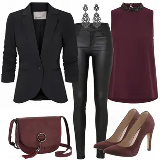 Party Outfits mit Schwarz/Weiß Lederjacke/Lederimitathose/Lederlegging/Leggings Lederoptik/Lederhose/Skinny Hose/Treggings/Biker Jeans/Thermojeans Vila "Merlot"