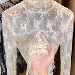 Spring/fall Women's Sexy High Neck Sheer Lace T-shirt With Trim, Polyester Knitted Fabric, Solid Color Regular Length Top - 95% Polyester, 5%