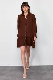 Brown Skirt Flounce Mini Woven Shirt Dress