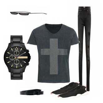 Outfit mit Schwarz/Weiß Uhr Armani Exchange "LoveIsMyReligion"