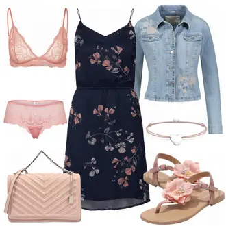 Outfit mit Dunkelblau/Rosa/Lila Geblümte Kleid/Bedrucktes Kleid/TrägerKleid/A-Linien Kleid/Kleid Standesamt-gast/WickelKleid/Spaghettiträger Kleid VERO MODA "Erika"