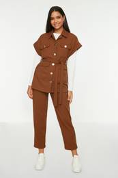 Camel Gold Buttoned Vest-Pants Knitted Suit